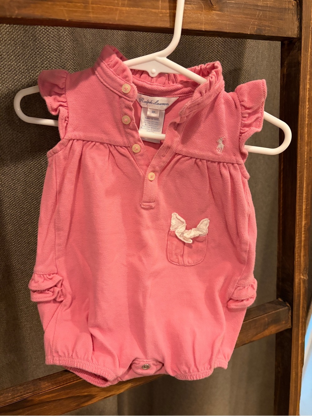 Ralph Lauren Pink Infant Polo Romper with Bow Pocket
